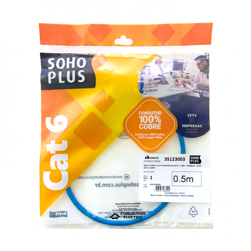 Patch Cord Cat6 0,50cm Furukawa Sohoplus Azul